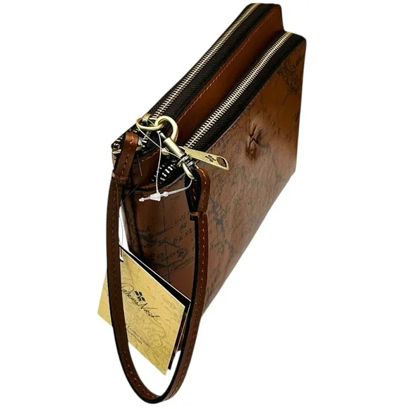 Patricia Nash Varone Fullgrain Leather Wristlet Signature Map Print Brown Clutch - Picture 4 of 15